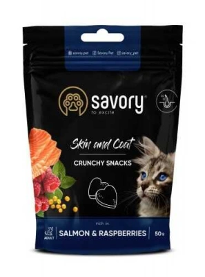 Savory (Сейворі) Cats Crunchy Snacks Skin & Coat Salmon Хрусткі ласощі для підтримки здоров'я шкіри та шерсті з лососем та малиною для котів та кішок