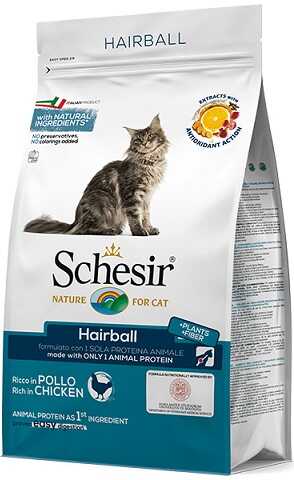 Сухой монопротеиновый корм Schesir для выведения комков шерсти у котов и кошек