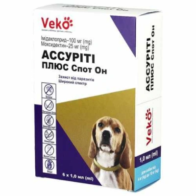 Veko (Веко) Ассуріті Плюс Спот Он Краплі на холку від бліх, кліщів і гельмінтів длясобак вагою 4-10 кг