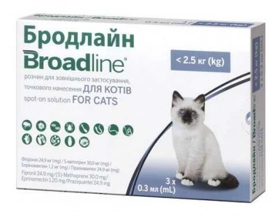 Broadline (Бродлайн) Spon-On Краплі на холку від бліх, кліщів та глистів для кошенят та кішок, до 2,5 кг