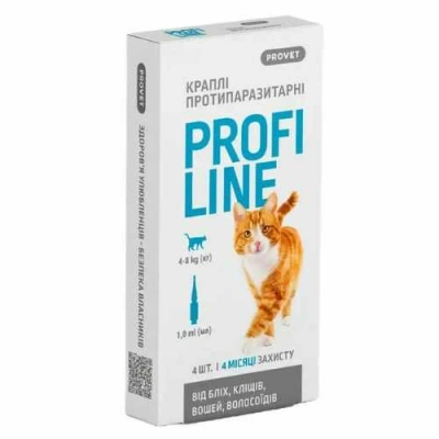 ProVET Profiline (ПроВет Профілайн) 4 піпетки Краплі на холку від бліх, кліщів, вошей, волосоїдів для котів і кішок 4-8 кг