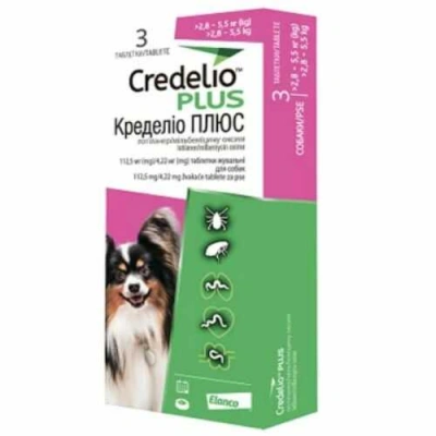 Credelio Plus (Кределио Плюс), 3 таблетки, Таблетки от паразитов для собак миниатюрных и мелких пород весом 2,8 - 5,5 кг